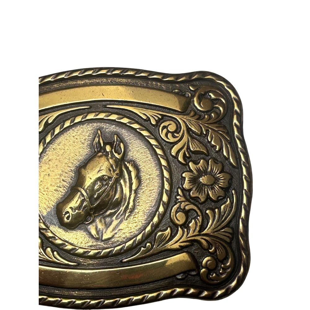 Vintage Horse Head Belt Buckle Brass Tone Western Floral Engravable Made in‎ USA - Picture 6 of 6